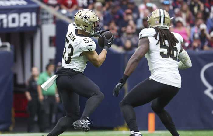 New Orleans Saints linebacker Zack Baun (53) intercepts a pass against the Houston Texans. Mandatory Credit: Troy Taormina-USA TODAY Sports